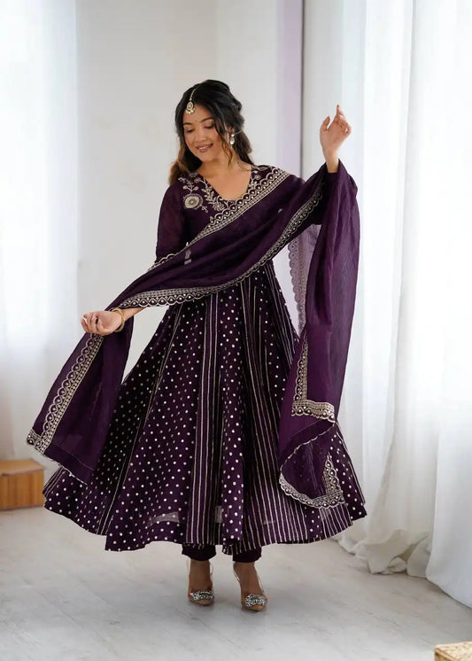 Sabina 5293 Purple Color  Anarkali Crunchy Silk 3Pcs Suit Collection