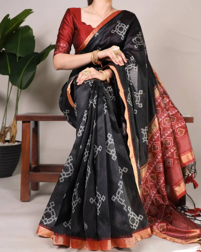 WMN 7417 Jacquard Silk Patola Printed Sari Online Black