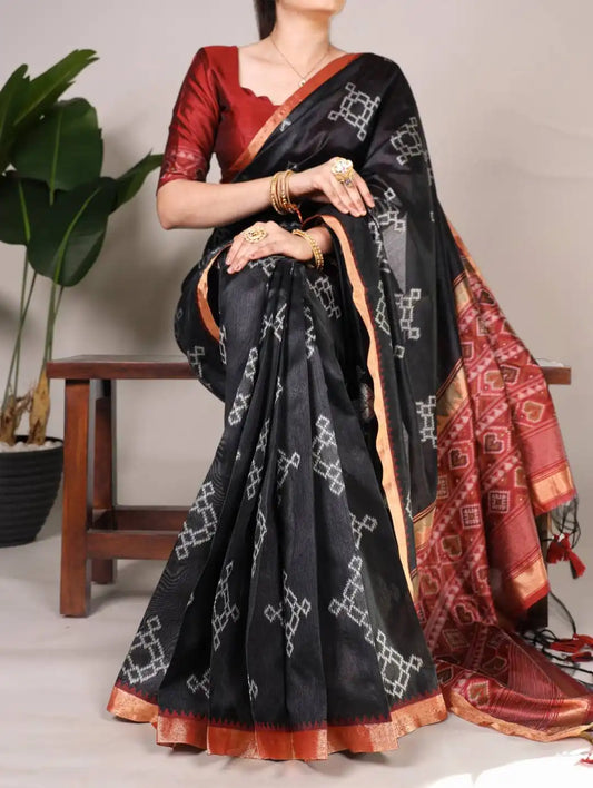 WMN 7417 Jacquard Silk Patola Printed Sari Online Black