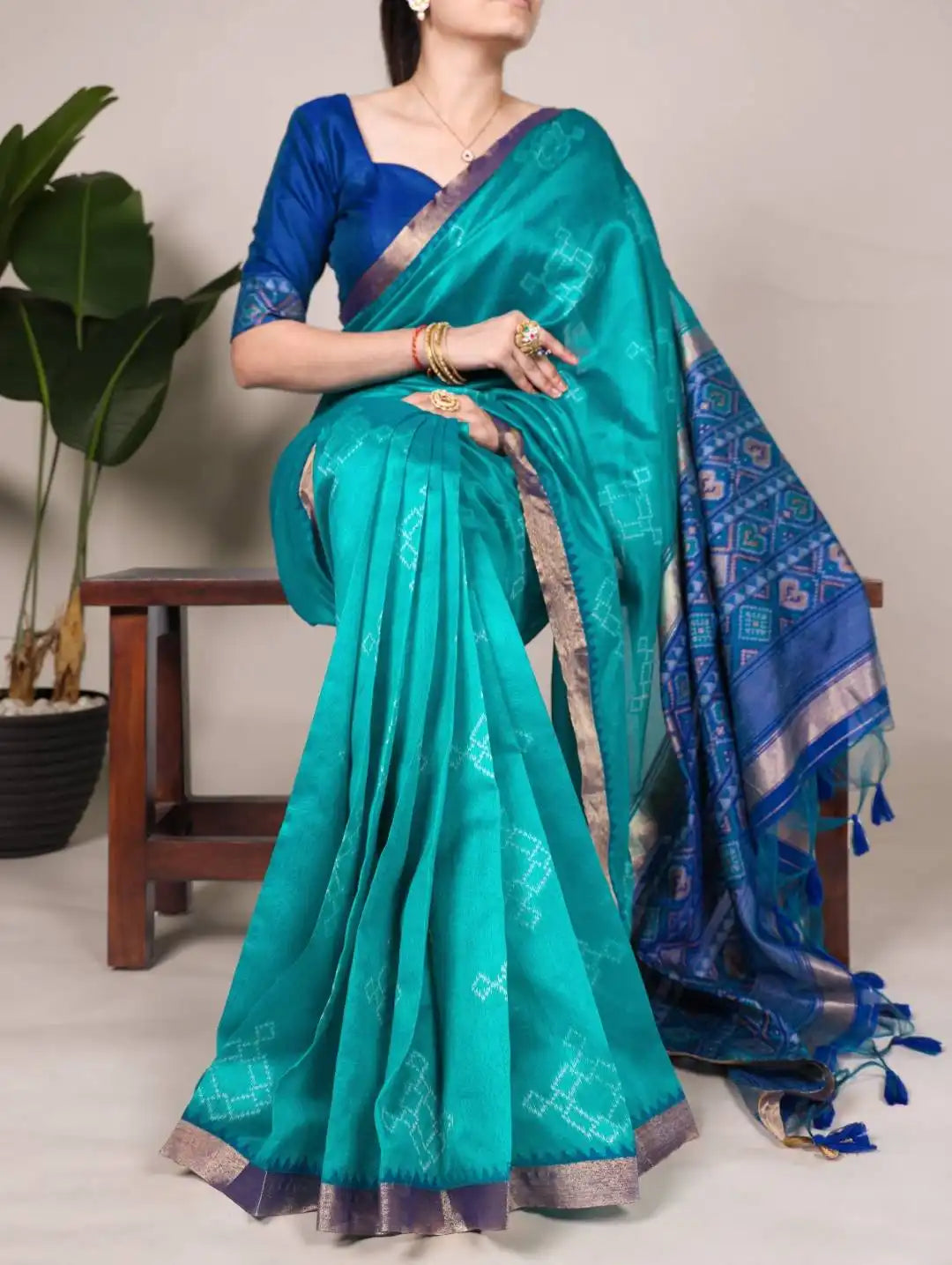 WMN 7417 Jacquard Silk Patola Printed Sari Online Skyblue