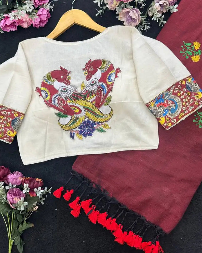 SS1089 Mal Maroon Cotton Saree With Murgun Readymade Blouse