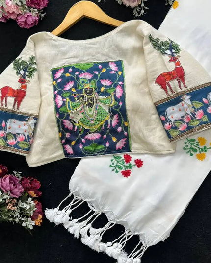 SS1089 Mal White Color Cotton Saree With Murgun Readymade Blouse