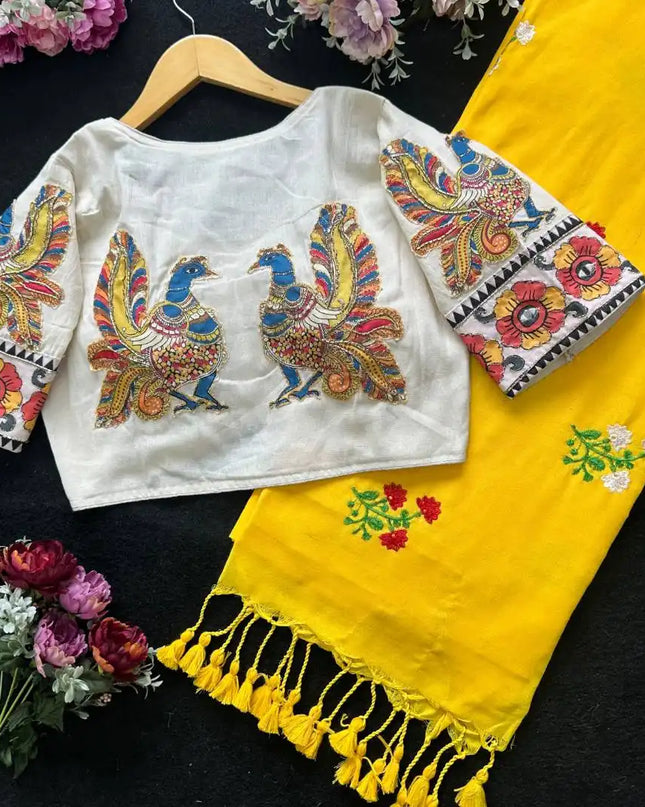 SS1089 Mal Yellow Cotton Saree With Murgun Readymade Blouse