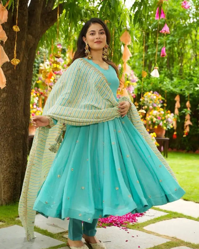 Sabina 5298 Aqua Color Georgette Anarkali Kurti Pant Dupatta Collection