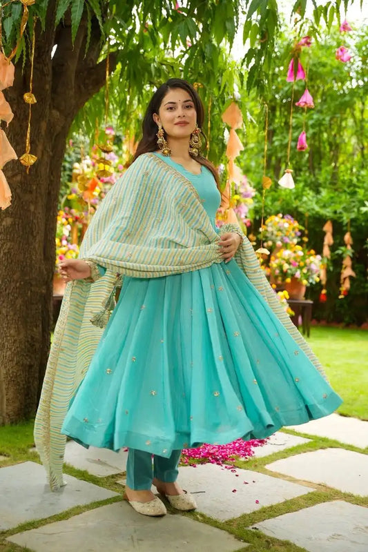 Sabina 5298 Aqua Color Georgette Anarkali Kurti Pant Dupatta Collection