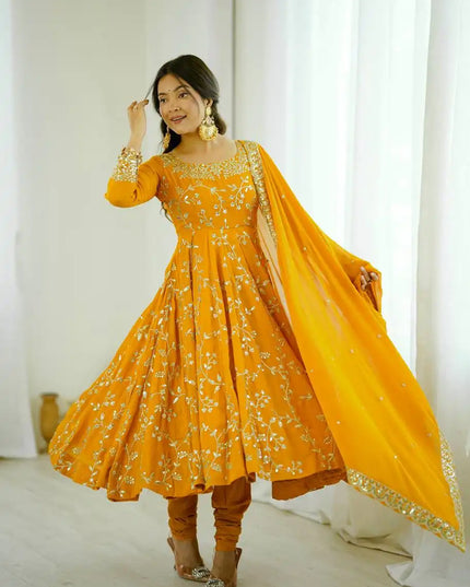 Sabina 5299 Yellow Color Georgette Anarkali Gown Dupatta Diwali Collection 2025