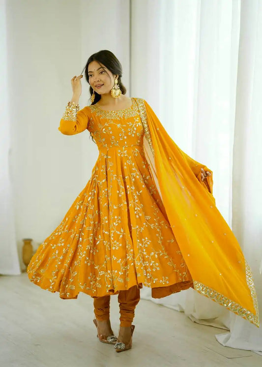 Sabina 5299 Yellow Color Georgette Anarkali Gown Dupatta Diwali Collection 2025