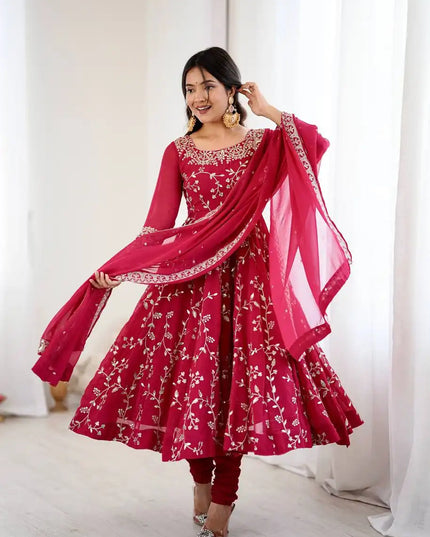 Sabina 5299 Red Color Georgette Anarkali Gown Dupatta Festival Collection