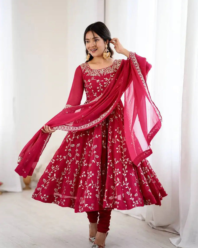 Sabina 5299 Red Color Georgette Anarkali Gown Dupatta Festival Collection