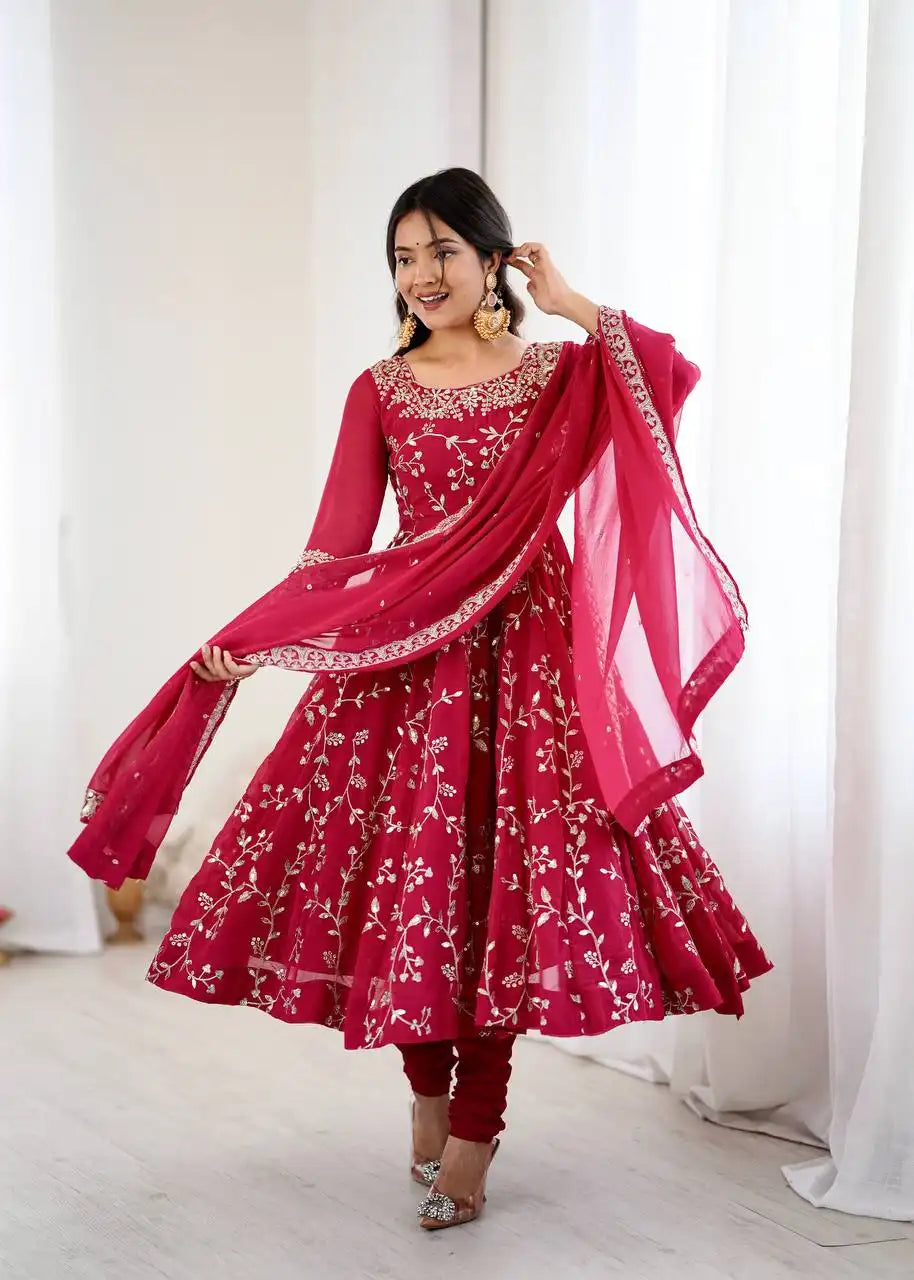 Sabina 5299 Red Color Georgette Anarkali Gown Dupatta Festival Collection