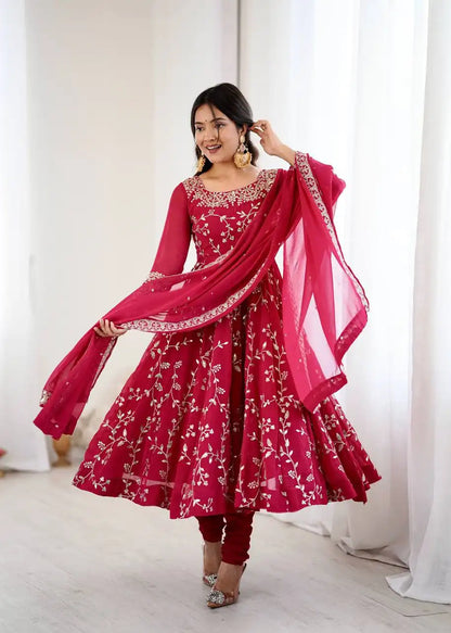 Sabina 5299 Red Color Georgette Anarkali Gown Dupatta Festival Collection