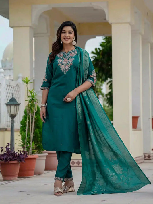 Lila Vol 21 Roman Silk Forestgreen Color Kurti Pant Dupatta Diwali Collection