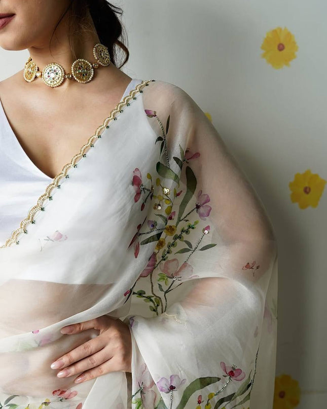 SS257 Soft Tabby Silk Saree Flower Print Katdana Hand Khatli Work