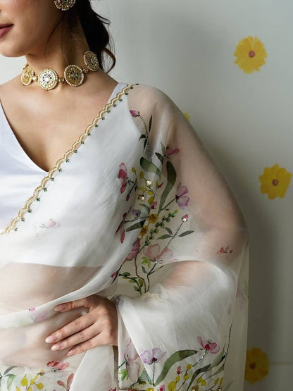 SS257 Soft Tabby Silk Saree Flower Print Katdana Hand Khatli Work