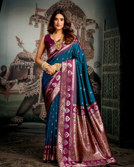 Gobuni Shravya Silk Soft Silk Blue Color Saree Party Wear