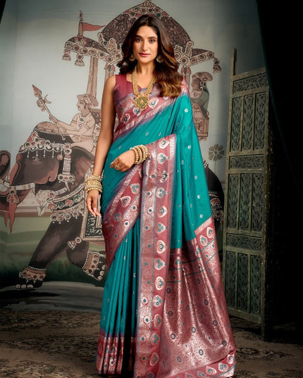 Gobuni Shravya Silk Soft Turquoise Color Saree Party Wear