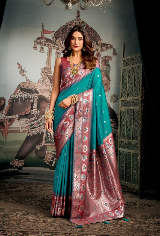 Gobuni Shravya Silk Soft Turquoise Color Saree Party Wear