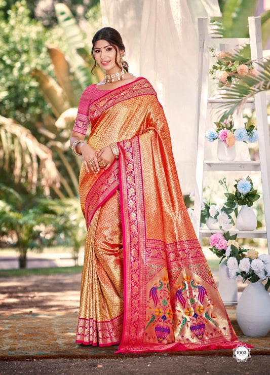 Bunawat Devyani Kanjivaram Silk Orange Color With Weaing wear Saree