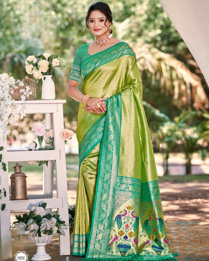 Bunawat Devyani Kanjivaram Silk Celery Color With Weaing wear Saree