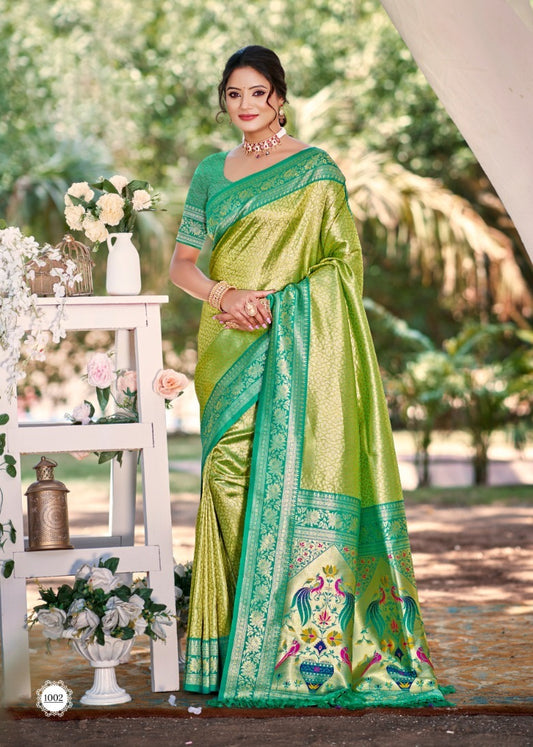 Bunawat Devyani Kanjivaram Silk Celery Color With Weaing wear Saree