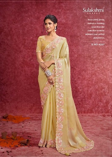 Sulakshmi Ambika Galaxy Lemon Yellow Color 4207 Carnival Wear Saree