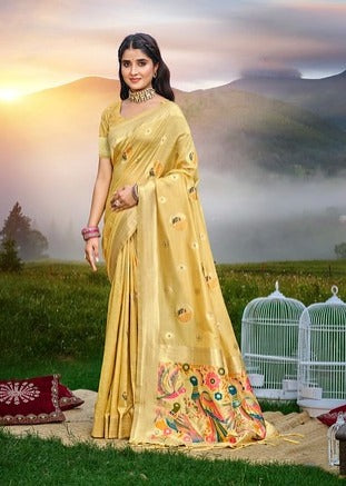 Bunawat Kalista Heavy Assam Silk 1003 Yellow green Color Festival Wear Saree