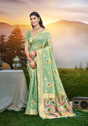 Bunawat Kalista Heavy Assam Silk 1004 Green Color Festival Wear Saree