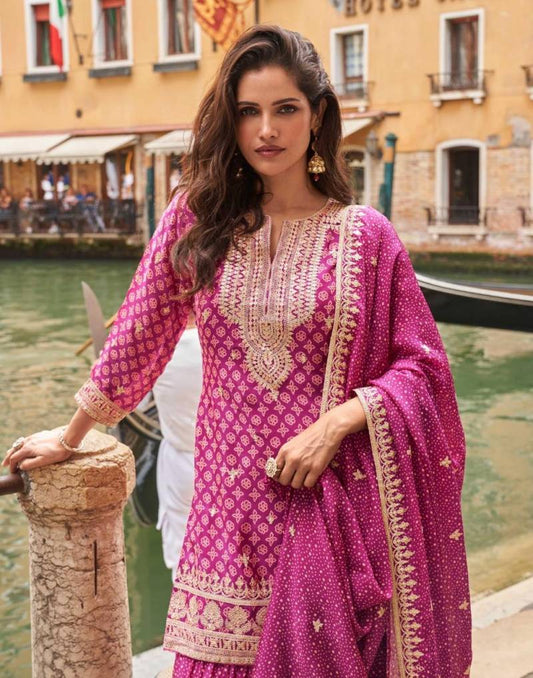 Sayuri Meena Chinon Silk Pink Color Salwar Suits Collection