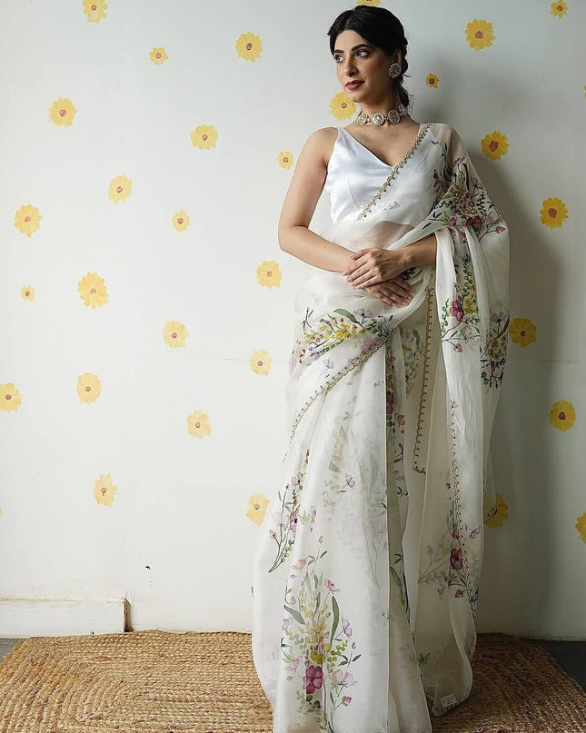 SS257 Soft Tabby Silk Saree Flower Print Katdana Hand Khatli Work