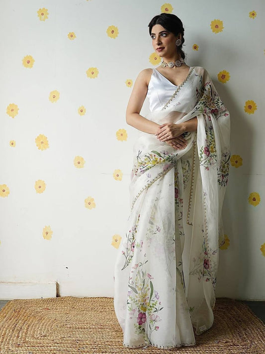 SS257 Soft Tabby Silk Saree Flower Print Katdana Hand Khatli Work