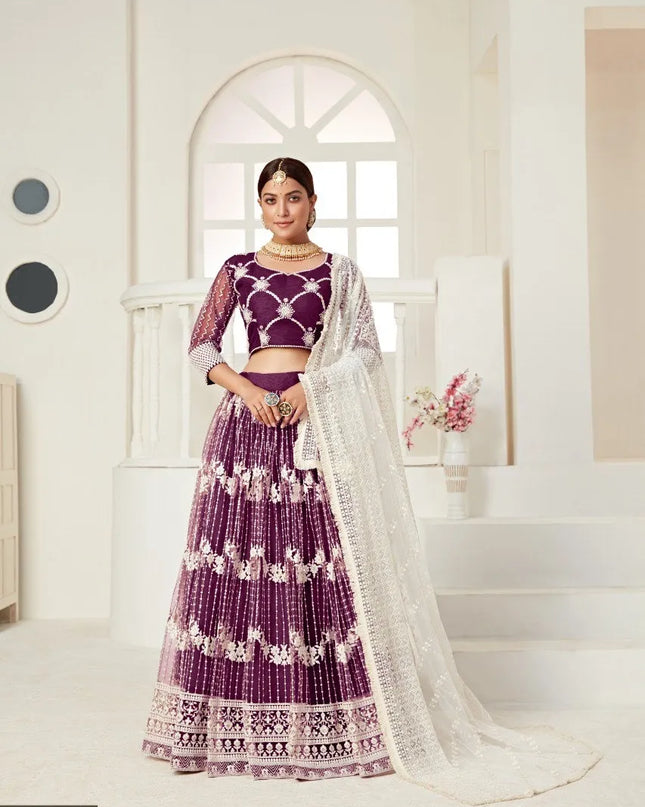 Aawiya 3001 Wine Butterfly Net Embroidery Lehenga Choli