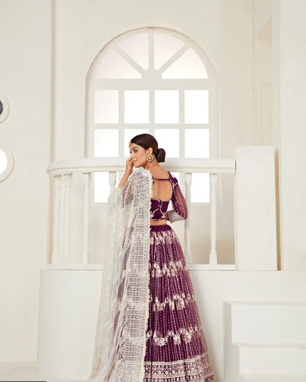 Aawiya 3001 Wine Butterfly Net Embroidery Lehenga Choli