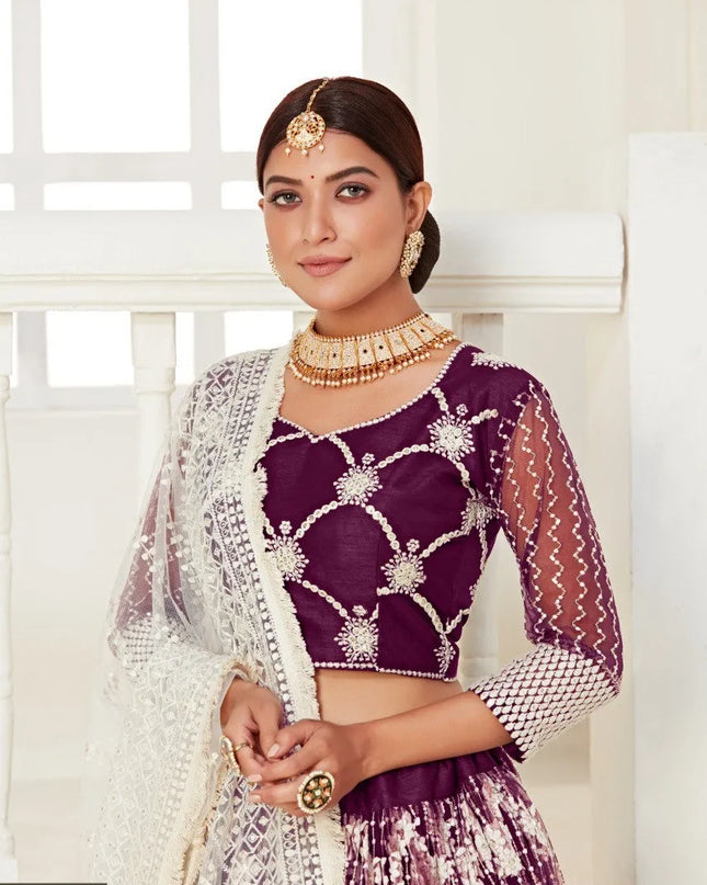 Aawiya 3001 Wine Butterfly Net Embroidery Lehenga Choli
