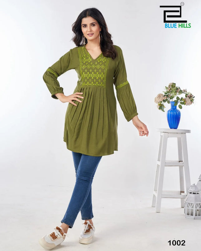 Blue Hills Manu Bhaker Rayon Short Kurti Design