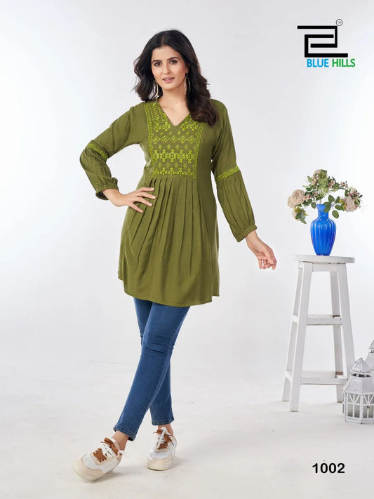 Blue Hills Manu Bhaker Rayon Short Kurti Design