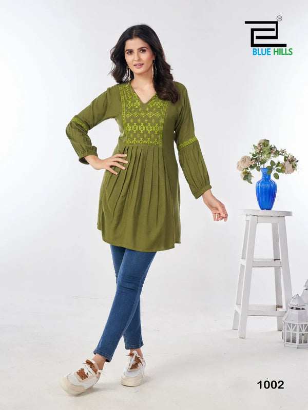 Blue Hills Manu Bhaker Rayon Short Kurti Design