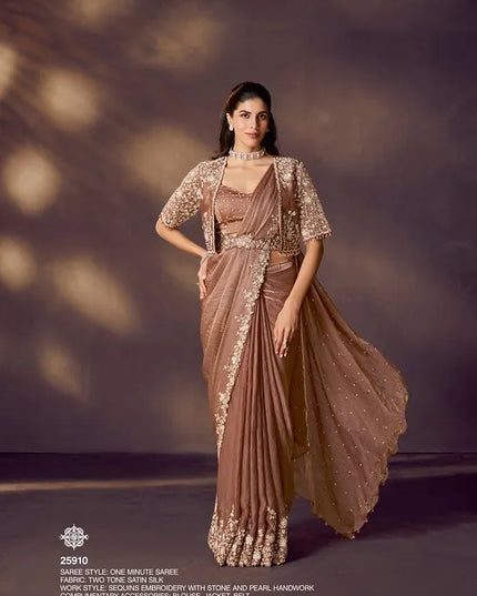 Celeste 25910 Brown Two Tone Satin Silk Ready To Wear Saree