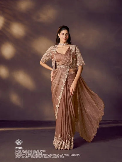 Celeste 25910 Brown Two Tone Satin Silk Ready To Wear Saree