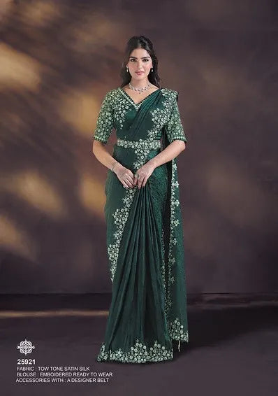 Celeste 25921 Green Two Tone Satin Silk Ready To Wear Saree
