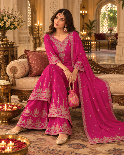 Ruby & Green Embroidered Chinon Sharara Suit