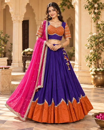 Royal Purple & Burnt Orange Rayon Silk Lehenga Choli