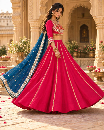 Fuchsia Georgette Lehenga Choli with Black Dupatta