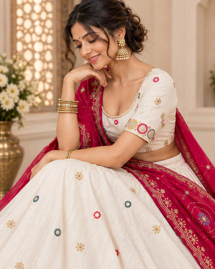 Ivory Cotton Lehenga Choli with Georgette Dupatta