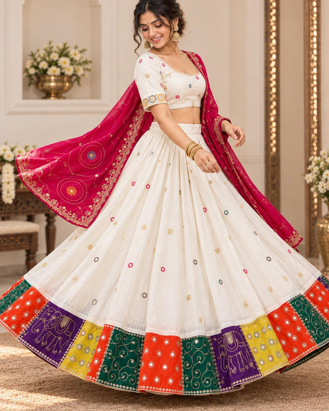 Ivory Cotton Lehenga Choli with Georgette Dupatta