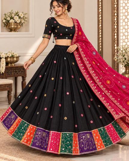 Black Cotton Lehenga Choli with Magenta Dupatta