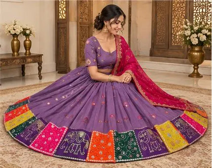 Purple Cotton Lehenga Choli with Magenta Dupatta
