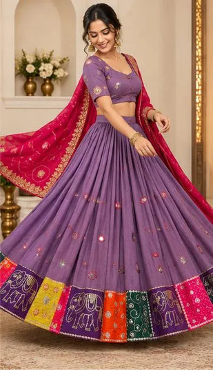 Purple Cotton Lehenga Choli with Magenta Dupatta