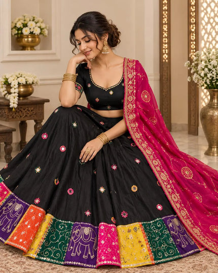Black Cotton Lehenga Choli with Magenta Dupatta
