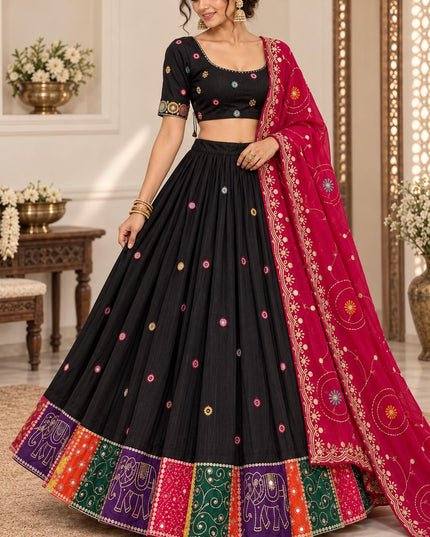 Black Cotton Lehenga Choli with Magenta Dupatta