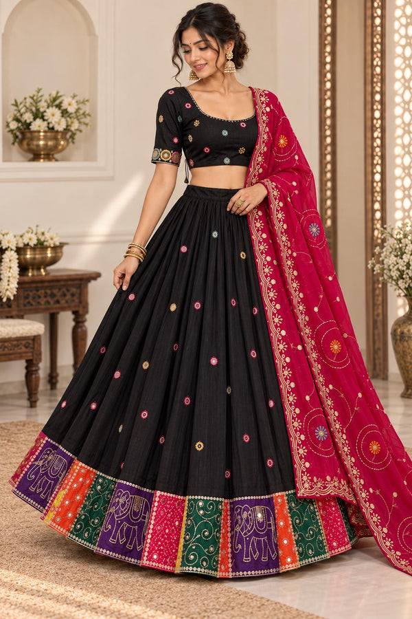 Black Cotton Lehenga Choli with Magenta Dupatta